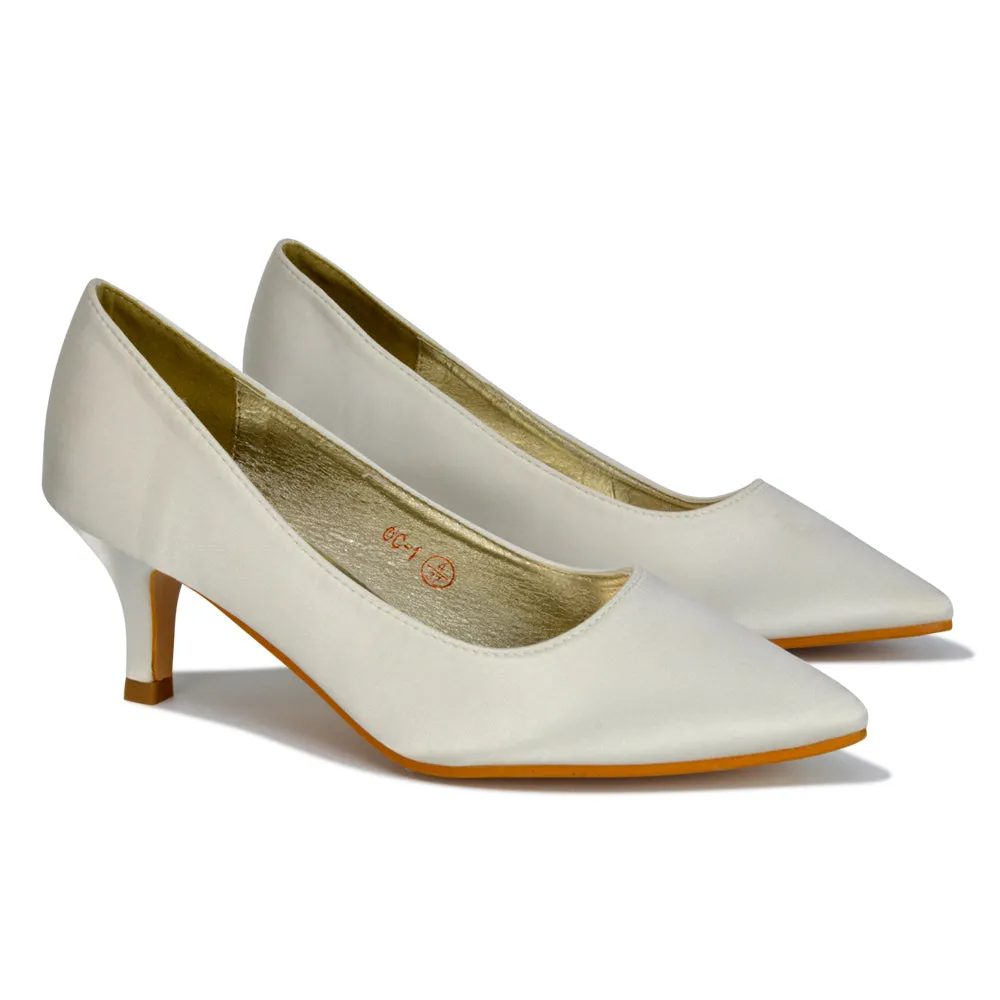 Gwyneth Pointed Toe Stiletto Low Kitten Court Heel Pumps in White Synthetic Leather