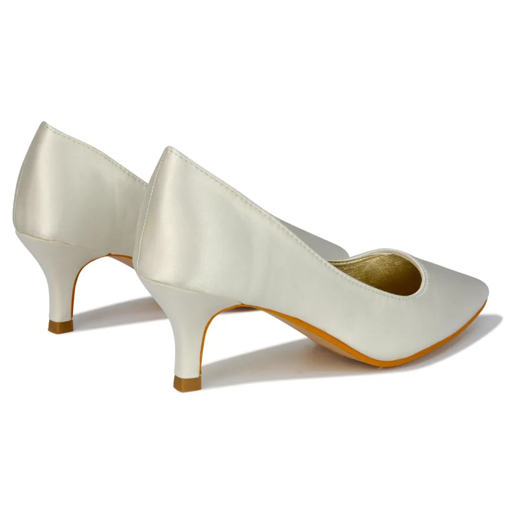 Gwyneth Pointed Toe Stiletto Low Kitten Court Heel Pumps in White Synthetic Leather