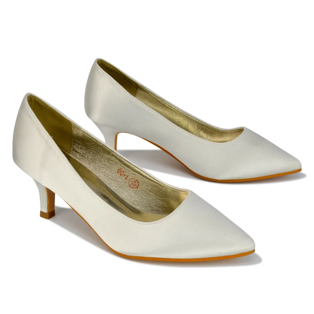 Gwyneth Pointed Toe Stiletto Low Kitten Court Heel Pumps in White Synthetic Leather