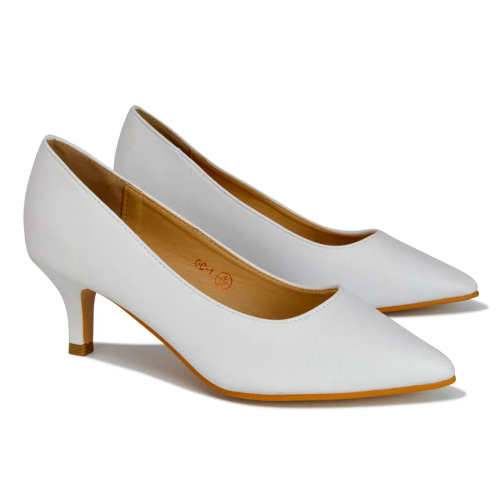 Gwyneth Pointed Toe Stiletto Low Kitten Court Heel Pumps in White Synthetic Leather