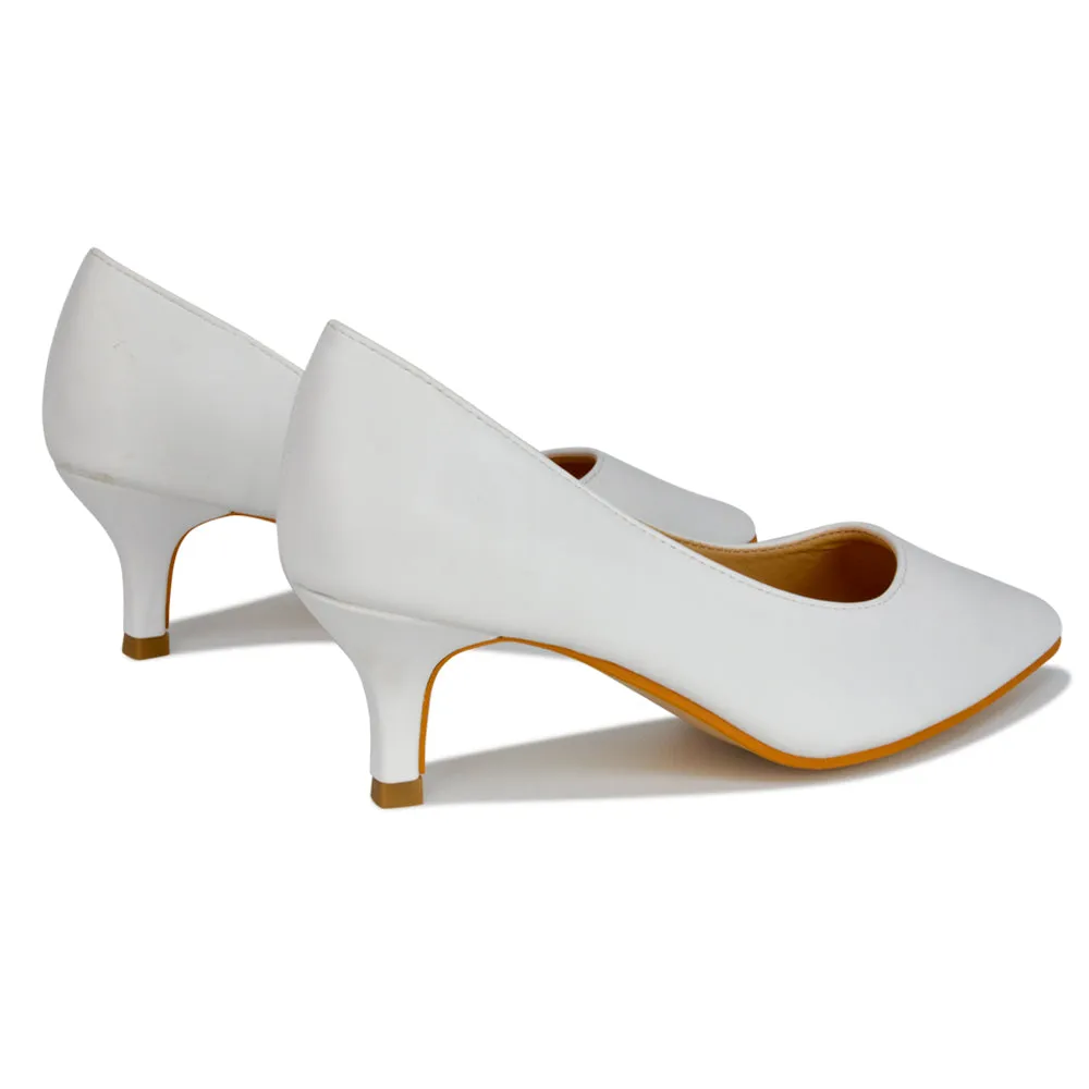 Gwyneth Pointed Toe Stiletto Low Kitten Court Heel Pumps in White Synthetic Leather