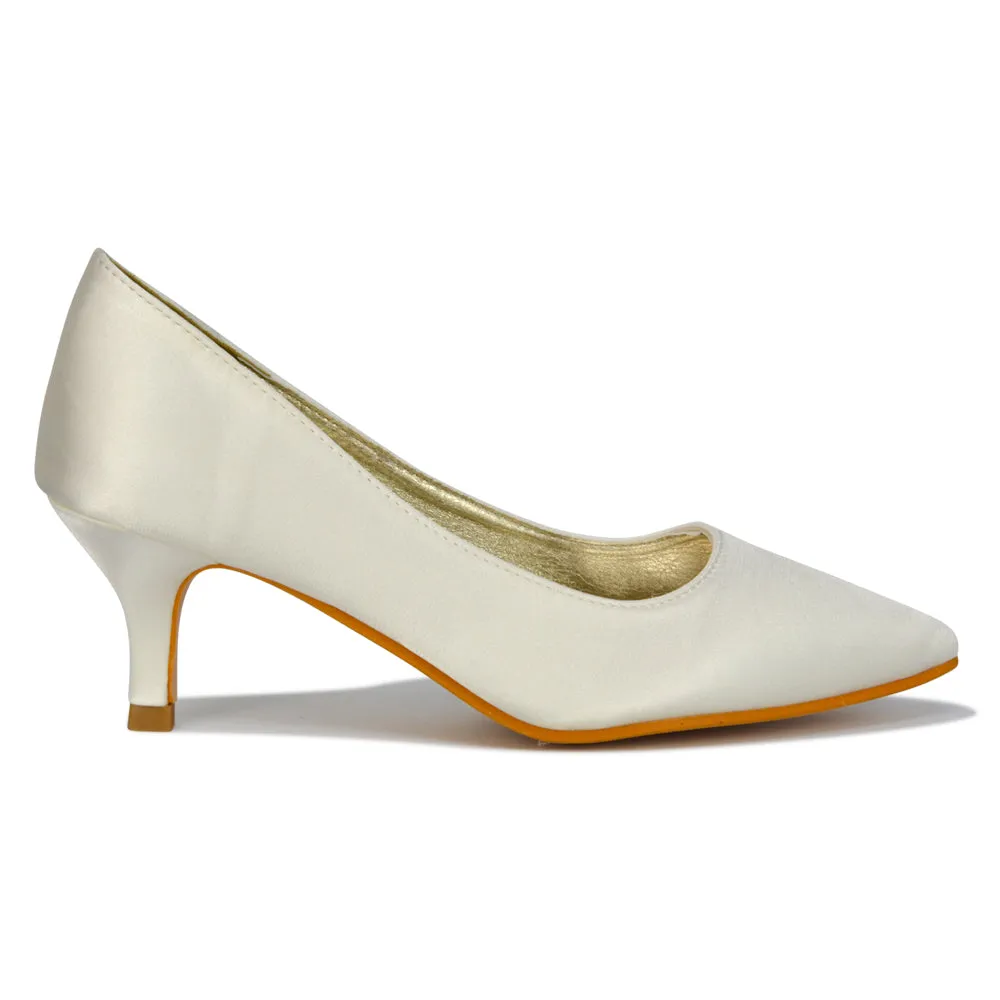 Gwyneth Pointed Toe Stiletto Low Kitten Court Heel Pumps in White Synthetic Leather