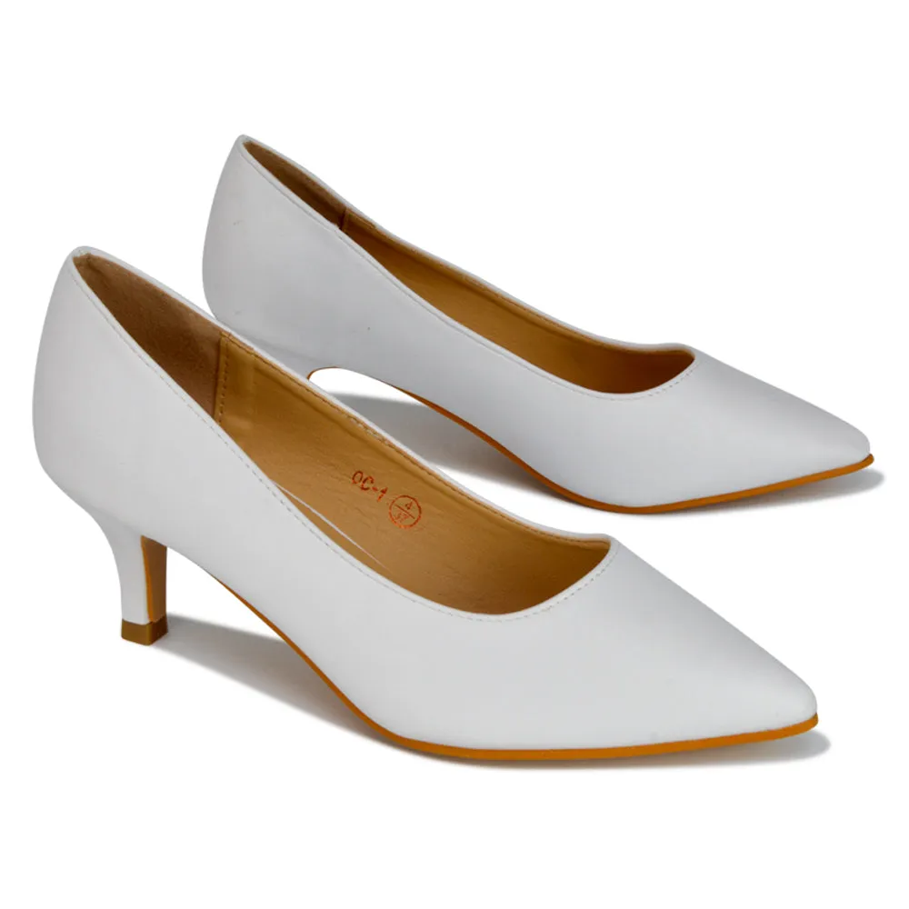 Gwyneth Pointed Toe Stiletto Low Kitten Court Heel Pumps in White Synthetic Leather