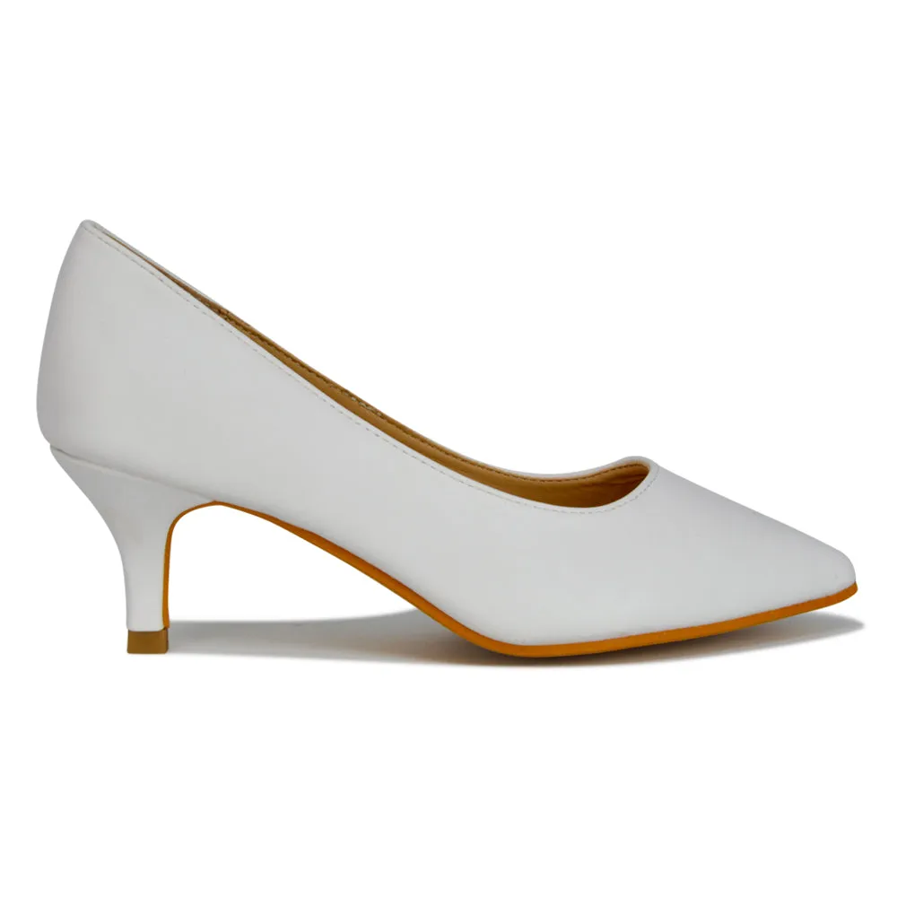 Gwyneth Pointed Toe Stiletto Low Kitten Court Heel Pumps in White Synthetic Leather