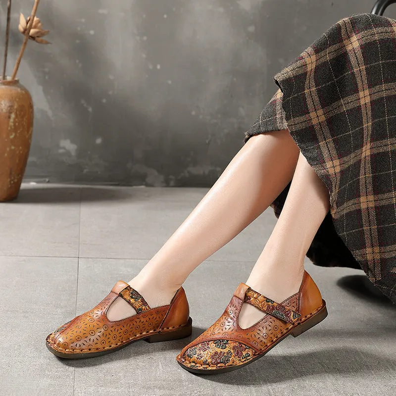 Handmade Leather Printed Women Retro Flat Shoes