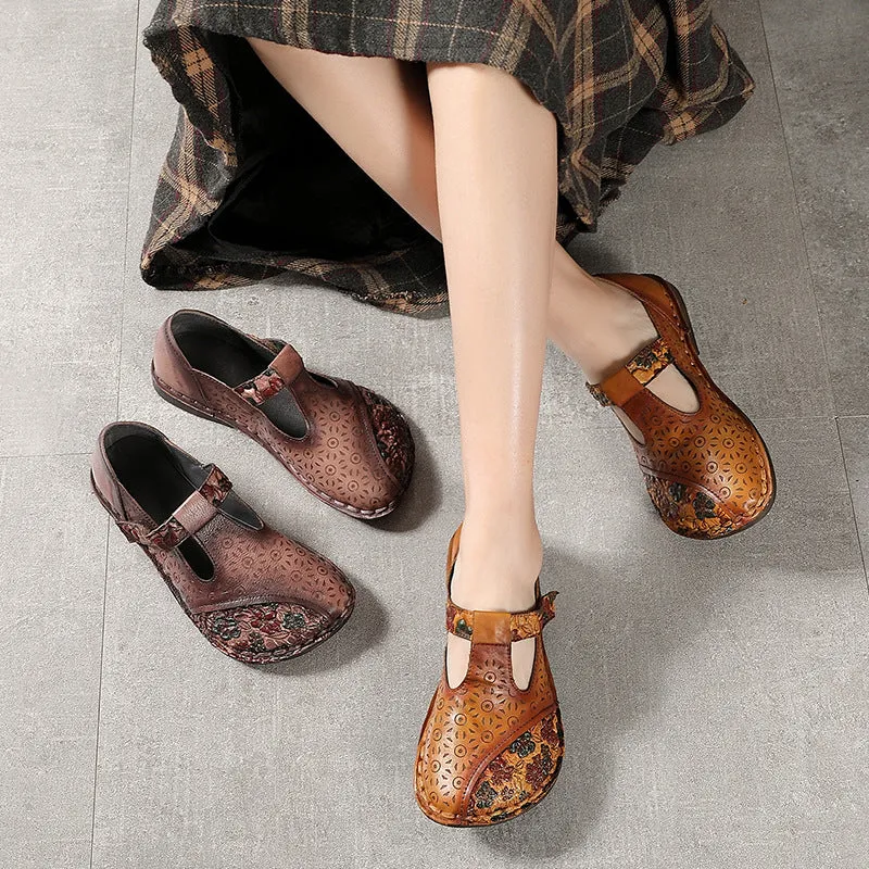 Handmade Leather Printed Women Retro Flat Shoes