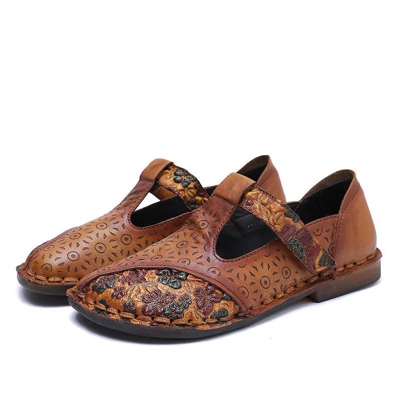 Handmade Leather Printed Women Retro Flat Shoes