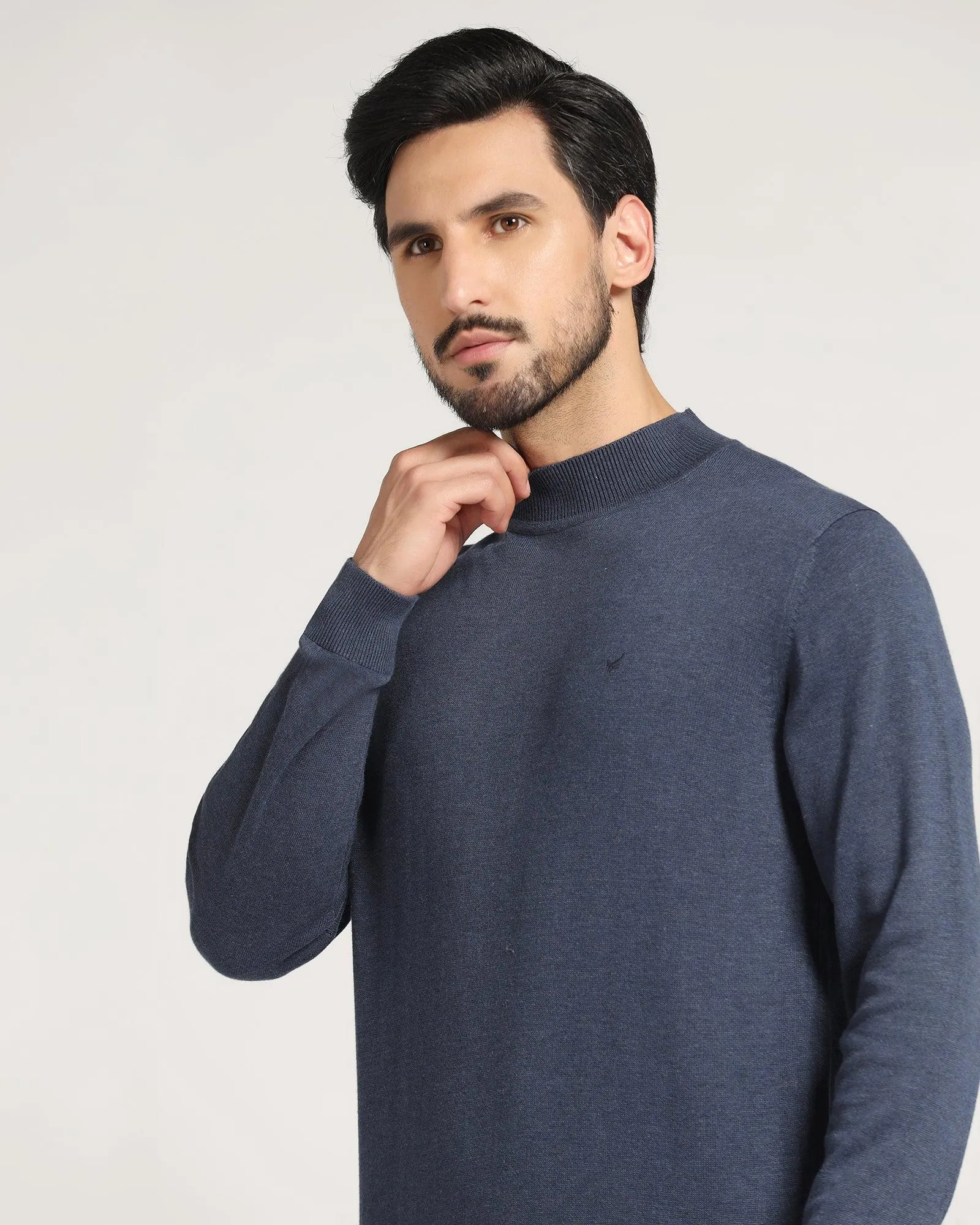 High Neck Navy Solid Sweater - Dexter