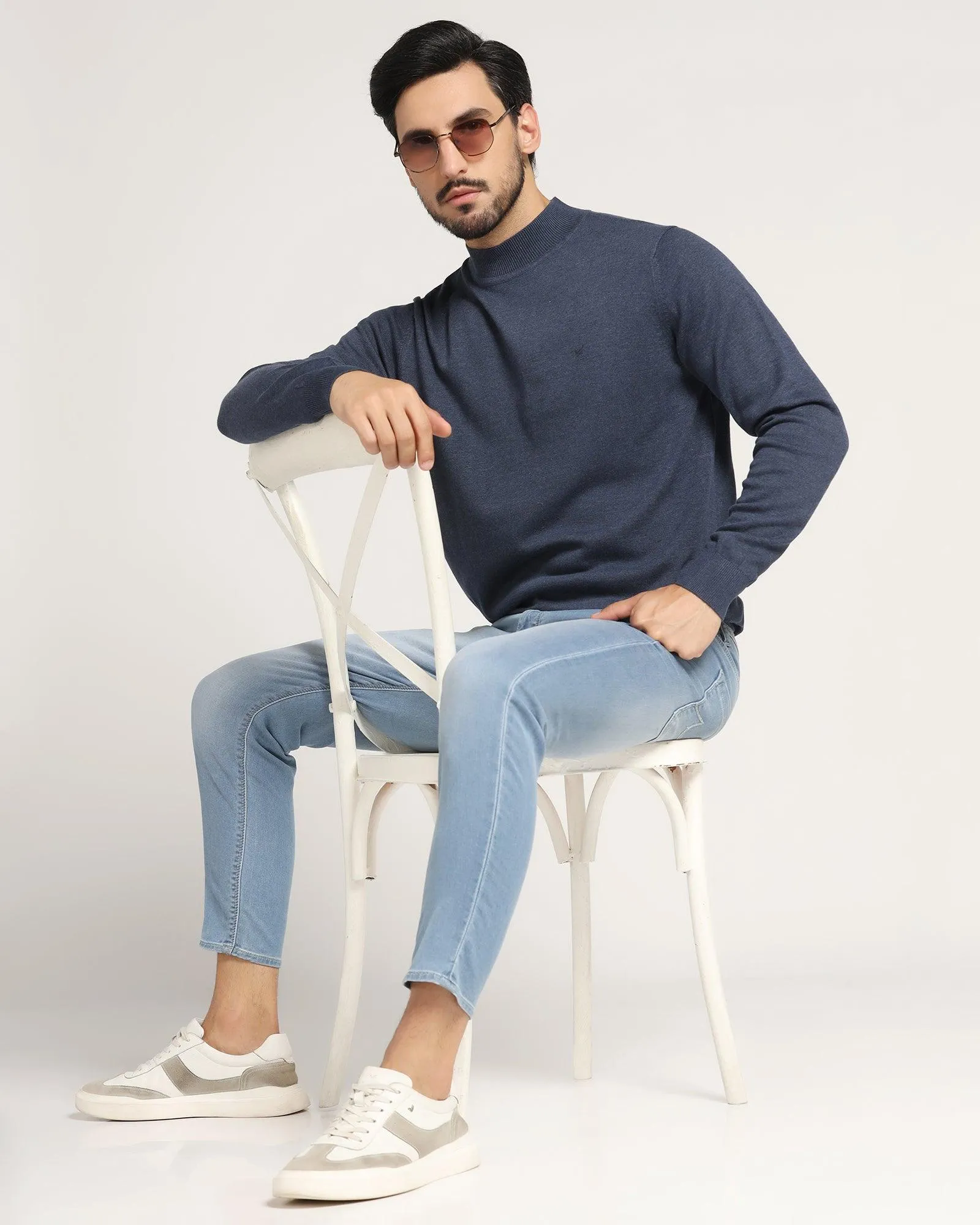 High Neck Navy Solid Sweater - Dexter