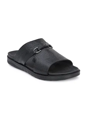 Hitz Men's Black Leather Indoor Outdoor Open Toe Slippers