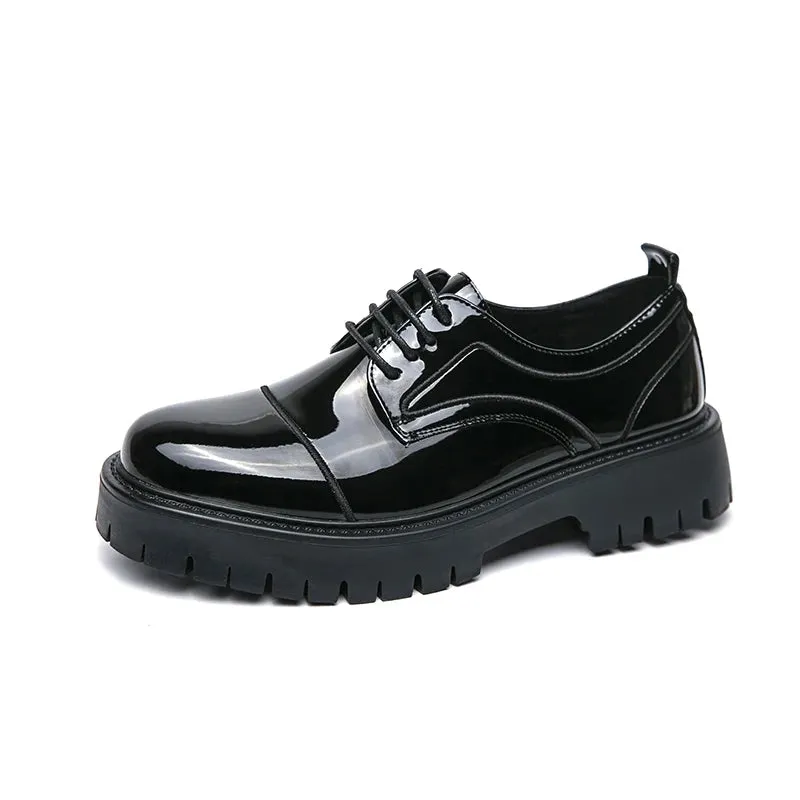 Hnzxzm Men's Black Formal Shoes Lace Up Artificial Patent Leather Business Shoes With Thick Sole