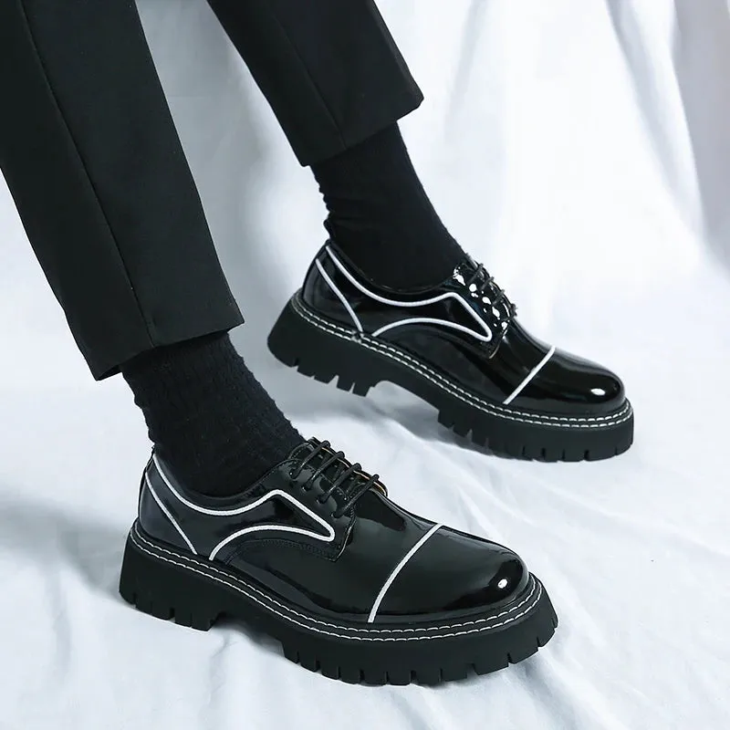 Hnzxzm Men's Black Formal Shoes Lace Up Artificial Patent Leather Business Shoes With Thick Sole