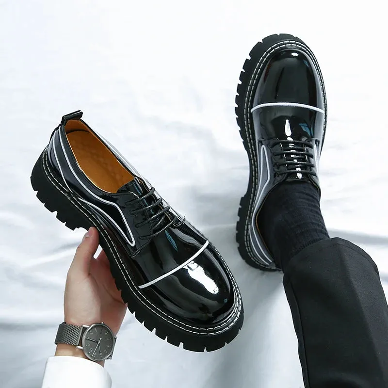 Hnzxzm Men's Black Formal Shoes Lace Up Artificial Patent Leather Business Shoes With Thick Sole