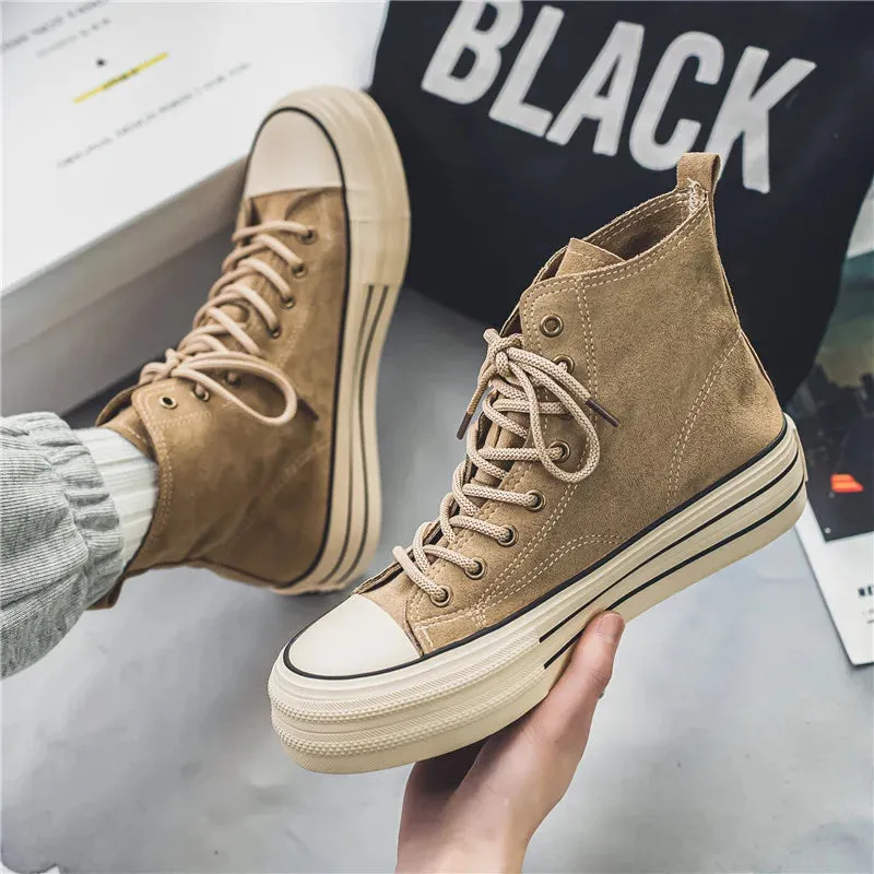 Hnzxzm New Arrivals Fashion Brown Canvas Shoes For Men Platform Non-slip Men Vulcanized Shoes Lace-up Comfortable High Top Sneakers Man