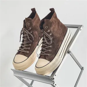 Hnzxzm New Arrivals Fashion Brown Canvas Shoes For Men Platform Non-slip Men Vulcanized Shoes Lace-up Comfortable High Top Sneakers Man