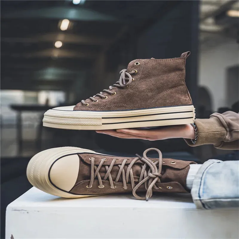 Hnzxzm New Arrivals Fashion Brown Canvas Shoes For Men Platform Non-slip Men Vulcanized Shoes Lace-up Comfortable High Top Sneakers Man