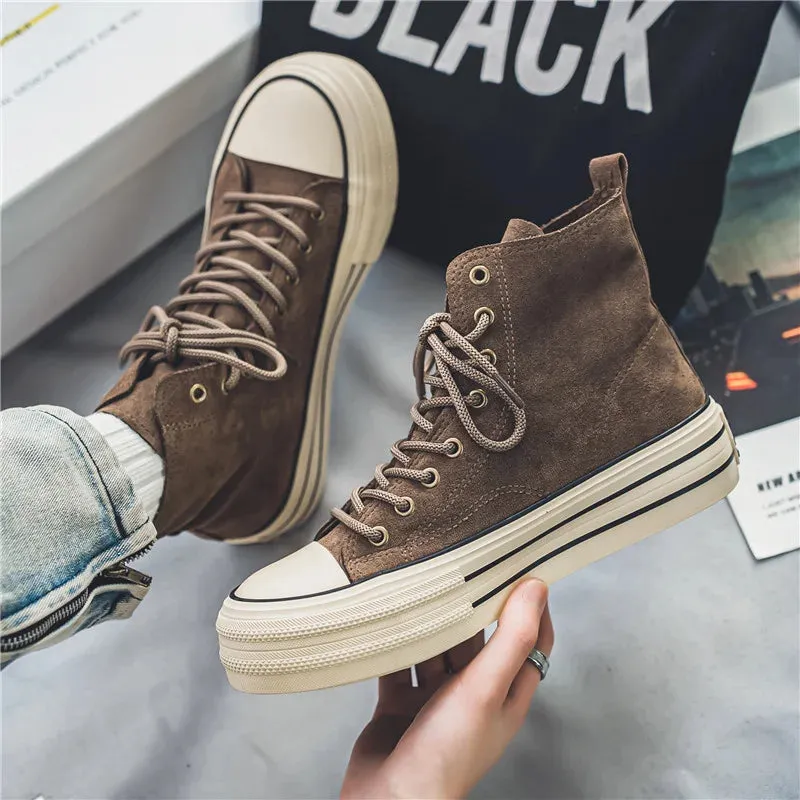 Hnzxzm New Arrivals Fashion Brown Canvas Shoes For Men Platform Non-slip Men Vulcanized Shoes Lace-up Comfortable High Top Sneakers Man