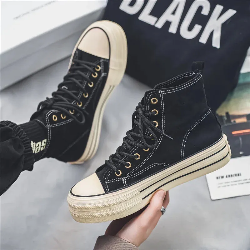 Hnzxzm New Arrivals Fashion Brown Canvas Shoes For Men Platform Non-slip Men Vulcanized Shoes Lace-up Comfortable High Top Sneakers Man