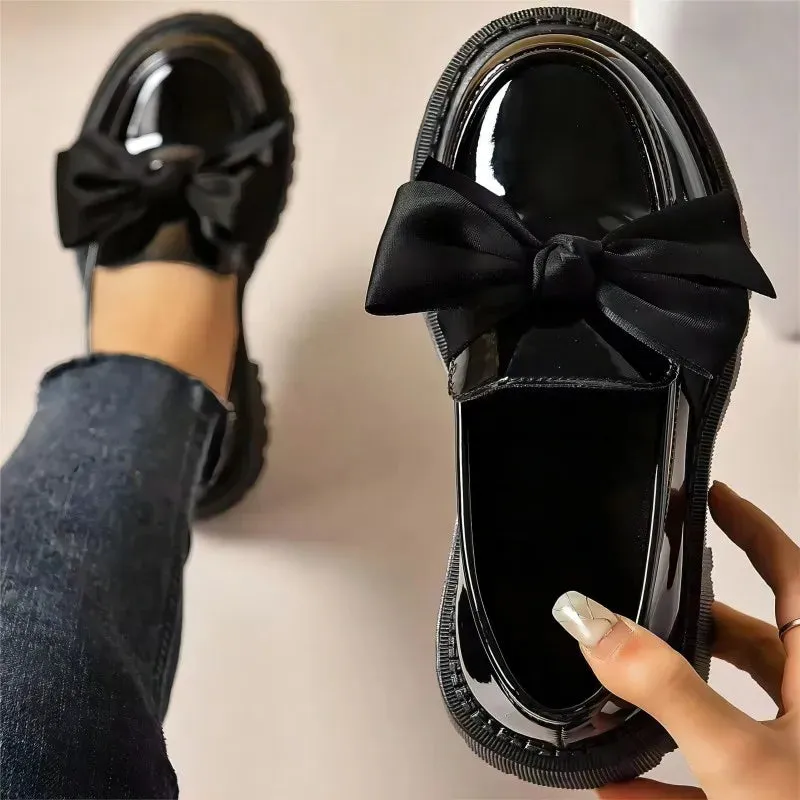 Hnzxzm Women Flat Shoes Bow Leather Shoes Ladies 2024 New Autumn Thick Heel Loafers Woman Fashion Comfortable Work Shoes