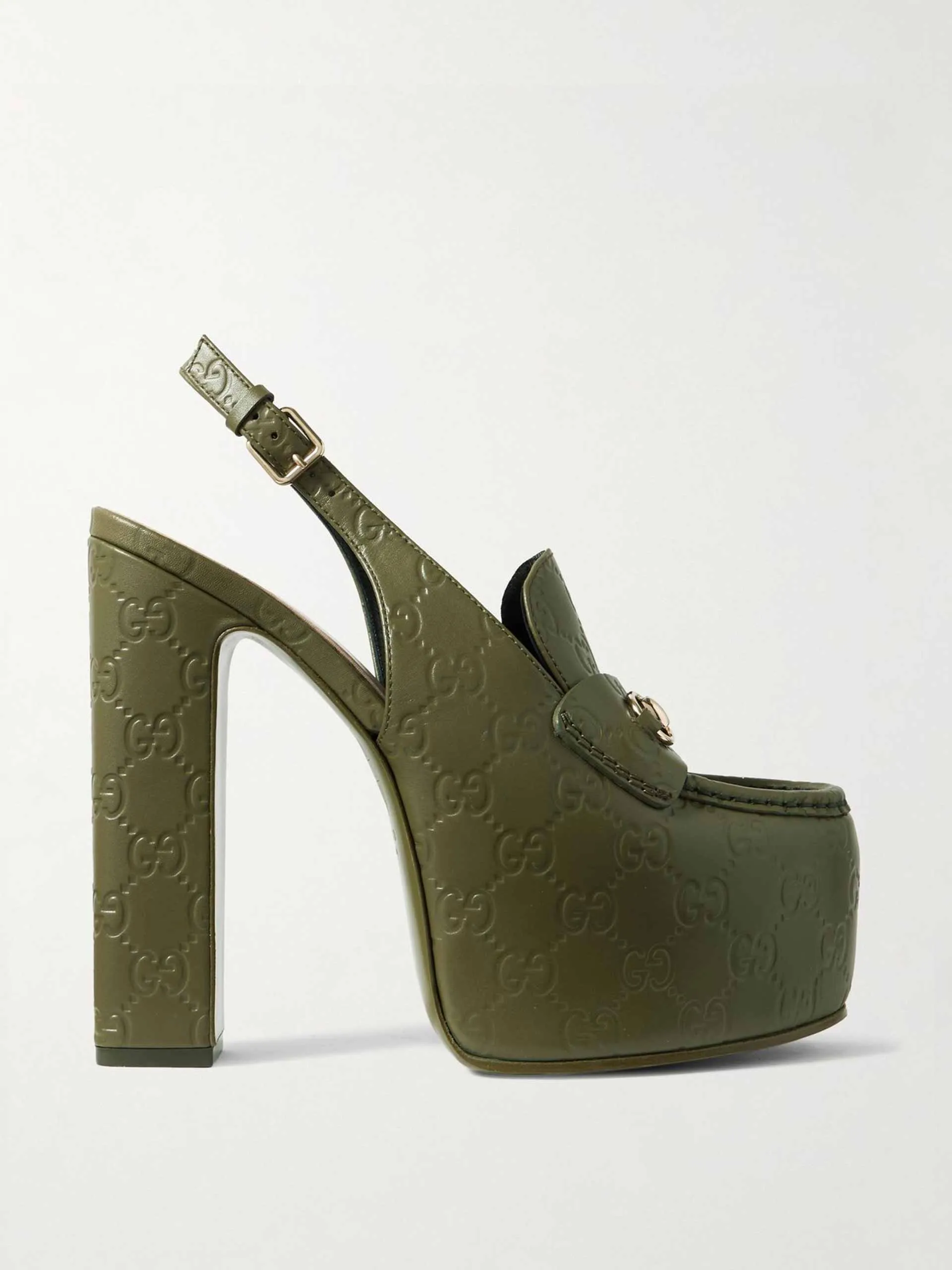 Horsebit-embellished logo-debossed leather platform slingback pumps