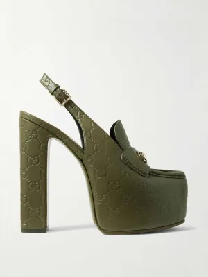 Horsebit-embellished logo-debossed leather platform slingback pumps