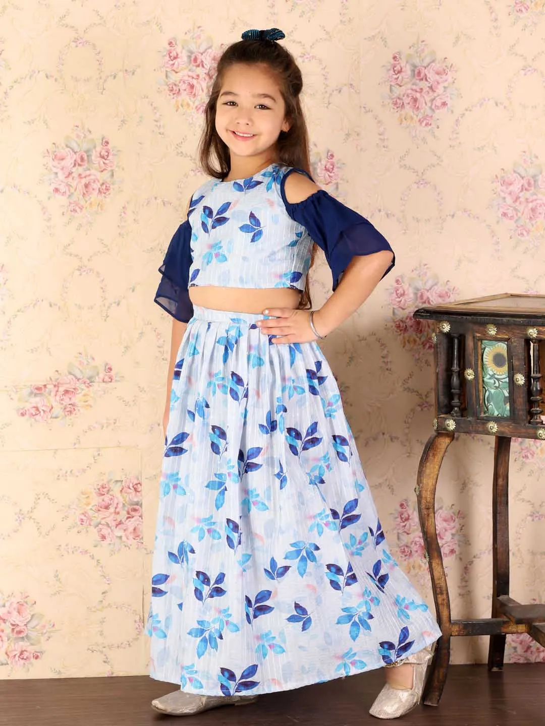 Jashvi Girl's Blue Printed Crop Top & Embellished Long Skirt Set