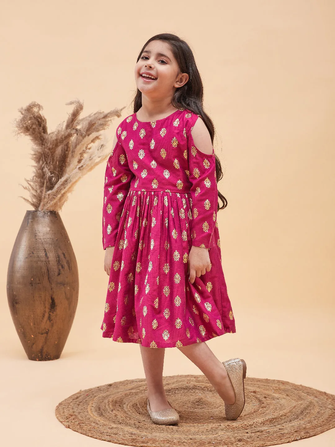 Jashvi Girl's Dark Pink Foil Printed Cold Shoulder Kurti