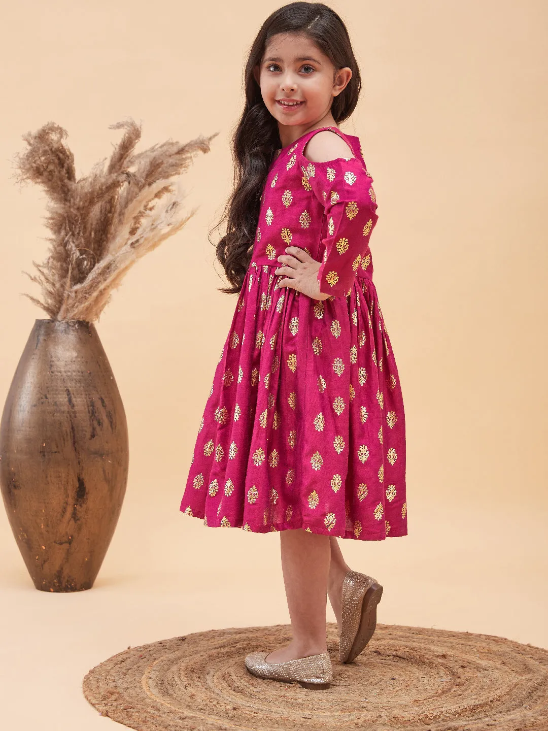 Jashvi Girl's Dark Pink Foil Printed Cold Shoulder Kurti