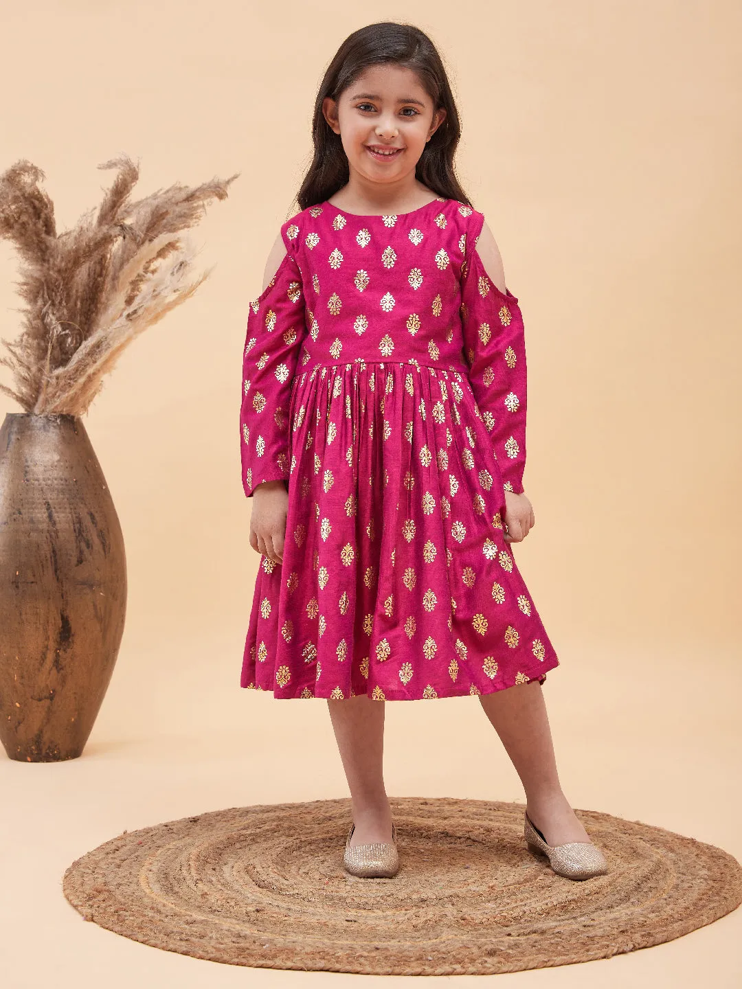 Jashvi Girl's Dark Pink Foil Printed Cold Shoulder Kurti