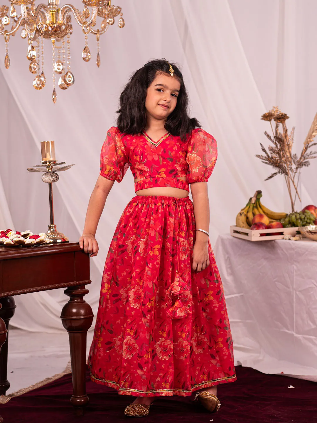 Jashvi Girls' Pink Printed Organza Lehenga Set