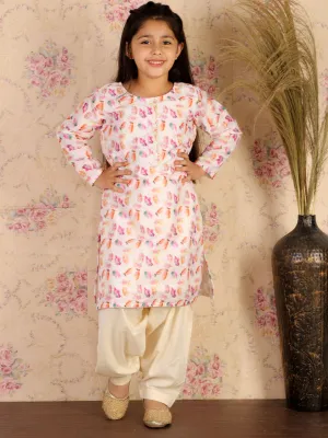 Jashvi Girls' White Floral Printed Linen Kurta And Cream Patiala Set