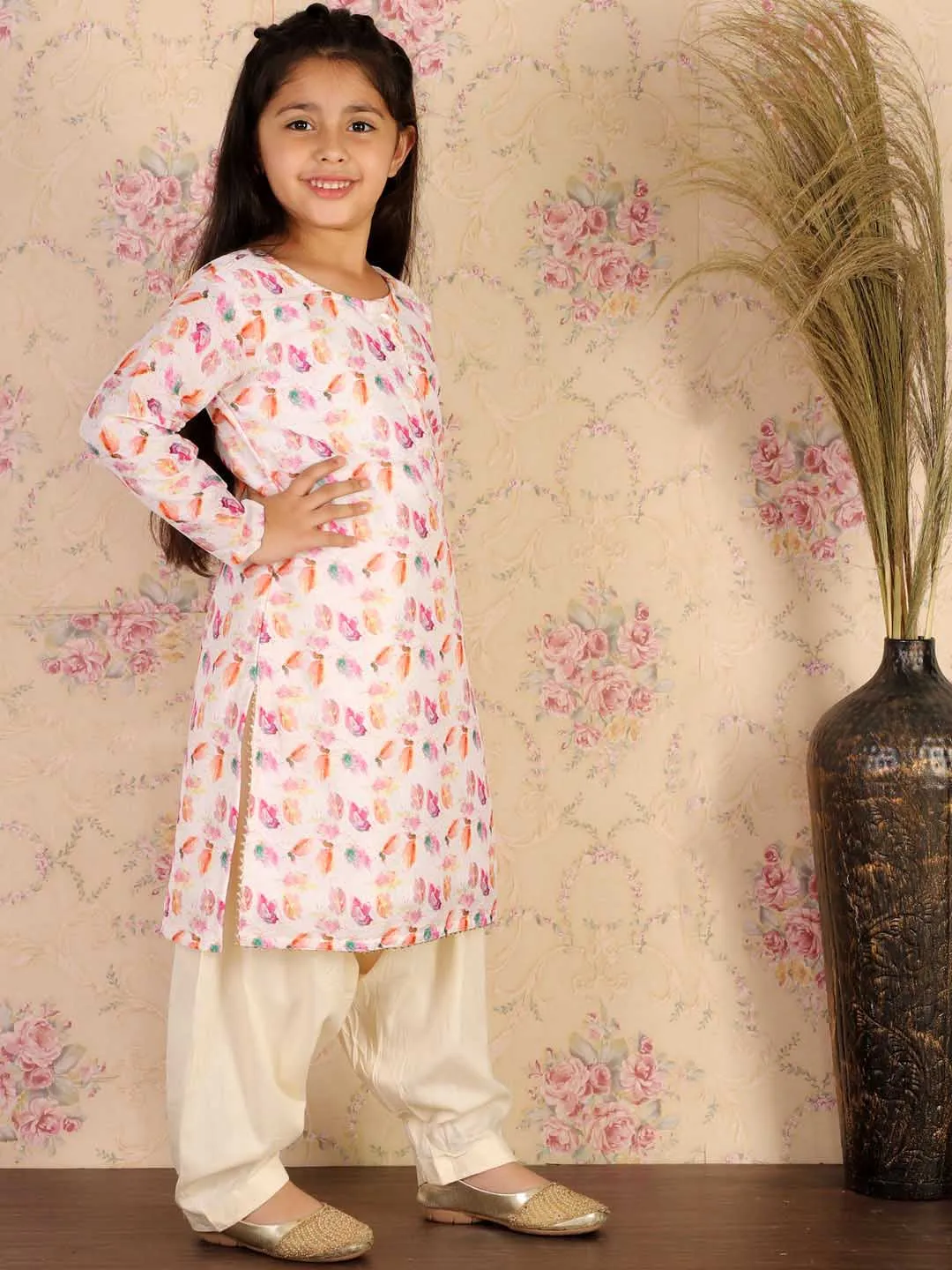 Jashvi Girls' White Floral Printed Linen Kurta And Cream Patiala Set