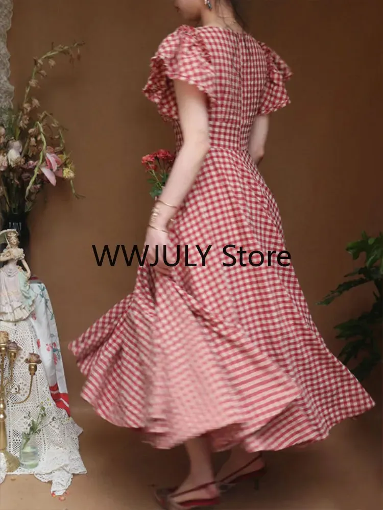 Joskaa Elegant Plaid Midi Dress Woman French Style Short Sleeve Dress Even Party Casual Fashion Dress Lace Design 2024 Summer Chic