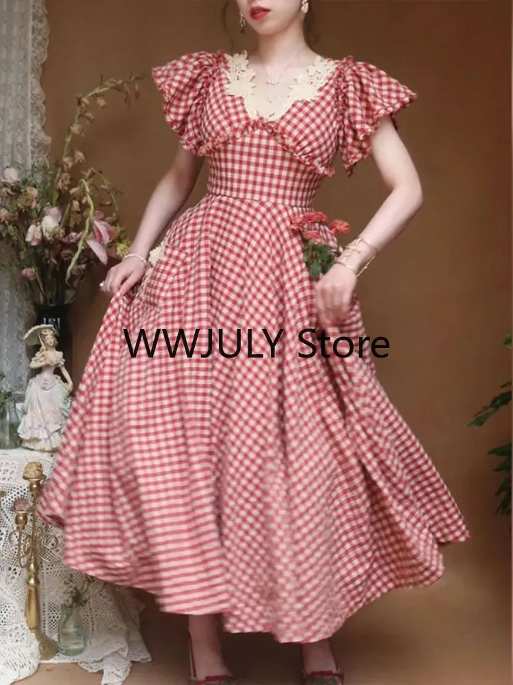 Joskaa Elegant Plaid Midi Dress Woman French Style Short Sleeve Dress Even Party Casual Fashion Dress Lace Design 2024 Summer Chic