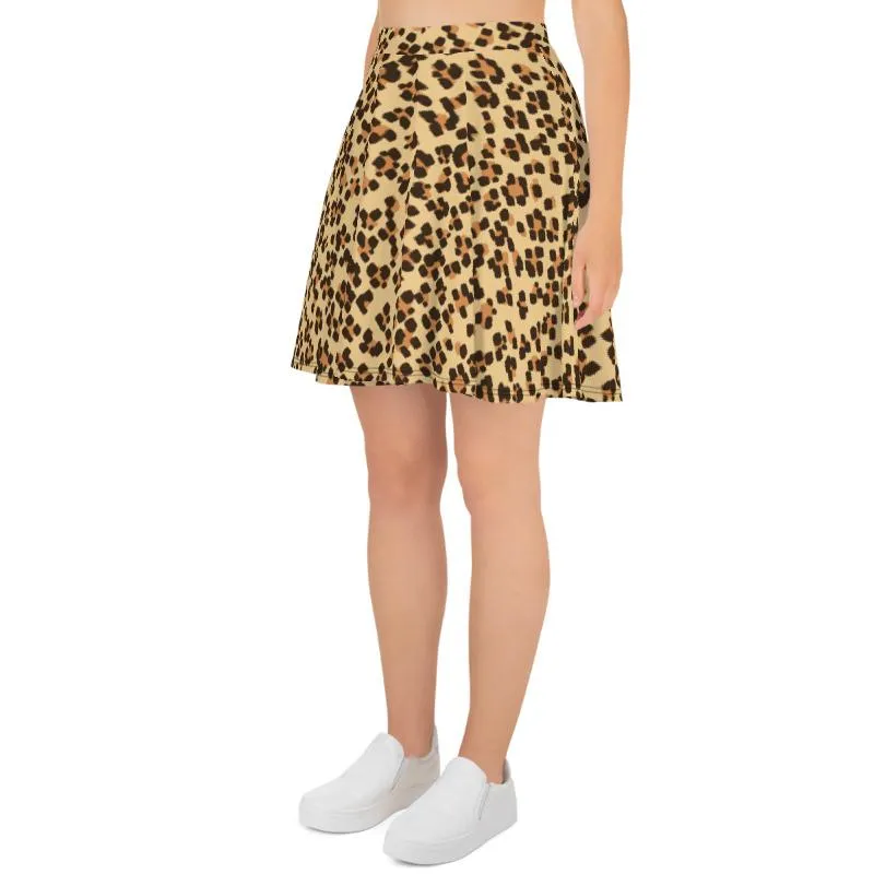 Leopard Print Women's Skater Skirt, Brown Animal Print Mid-Thigh Skirt-Made in USA/EU