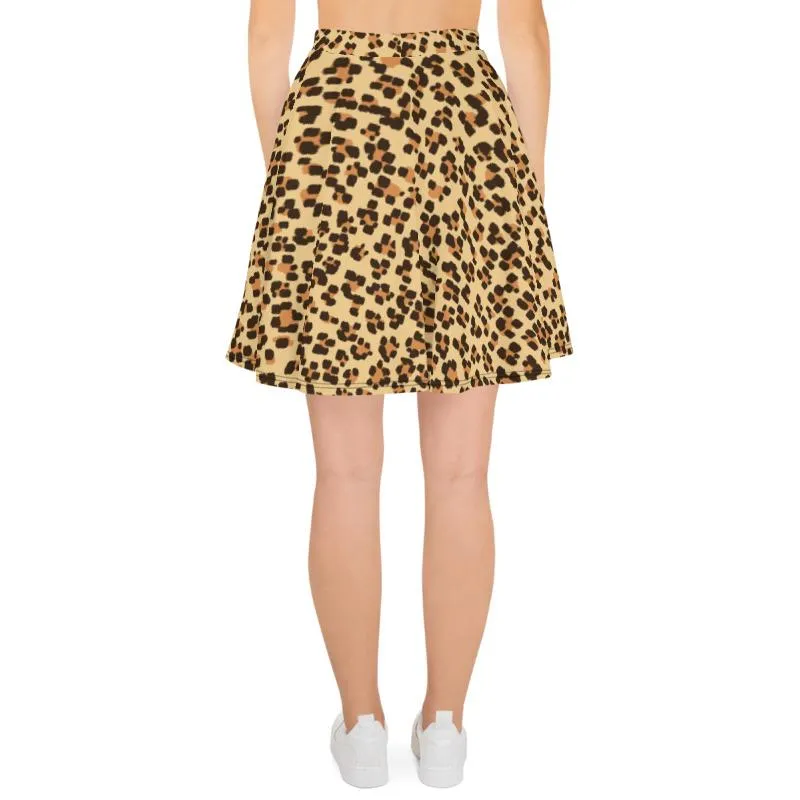 Leopard Print Women's Skater Skirt, Brown Animal Print Mid-Thigh Skirt-Made in USA/EU