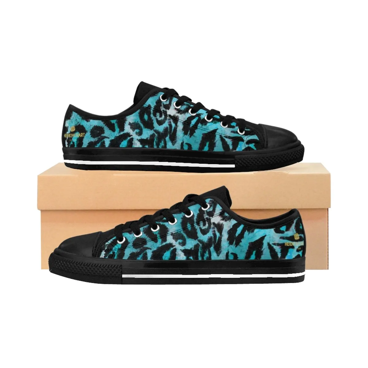 Light Blue Leopard Men's Shoes, Animal Print Premium Low Top Canvas Sneakers Tennis Shoes