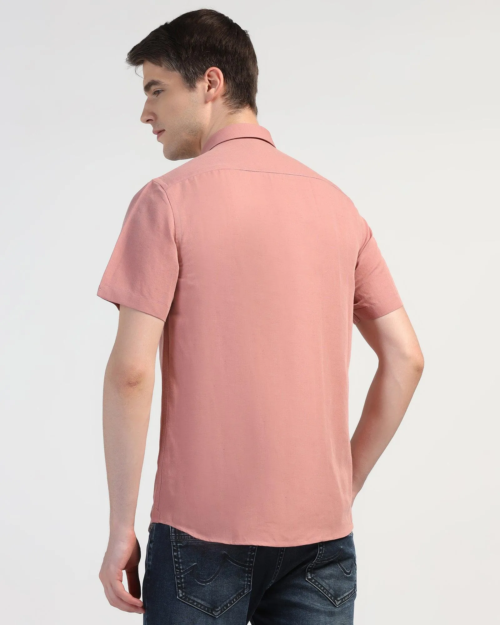 Linen Casual Half Sleeve Pink Solid Shirt - Salmon