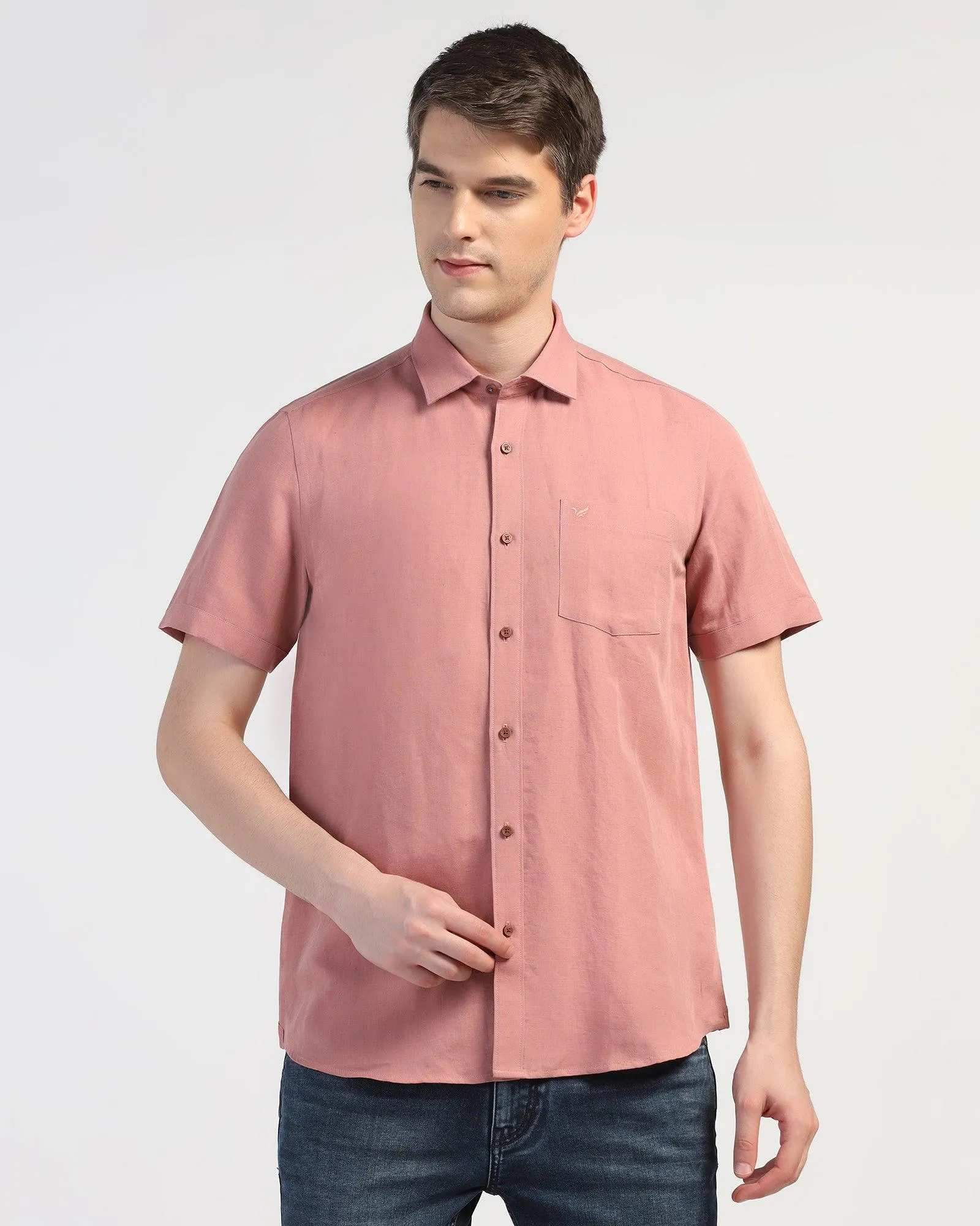 Linen Casual Half Sleeve Pink Solid Shirt - Salmon