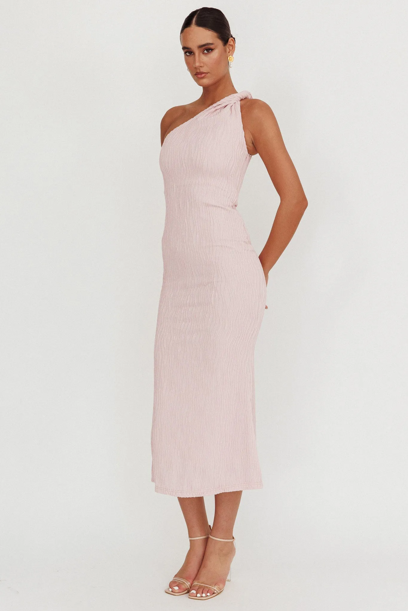 Lingering Love One-Shoulder Twist Midi Dress Blush