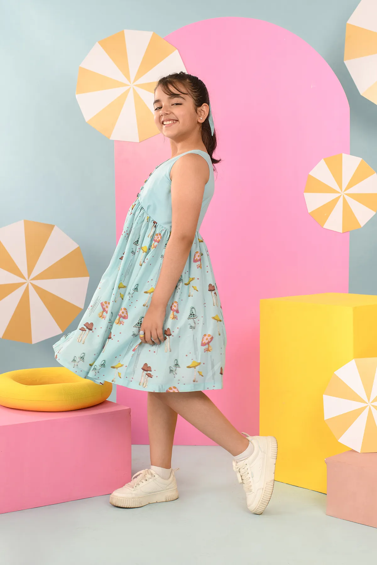 Magical Mushrooms- Blue Tencel Midi Dress For Girls