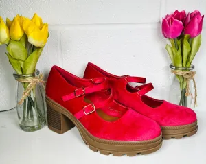 Mary Jane Low Heeled Shoes - Raspberry Red