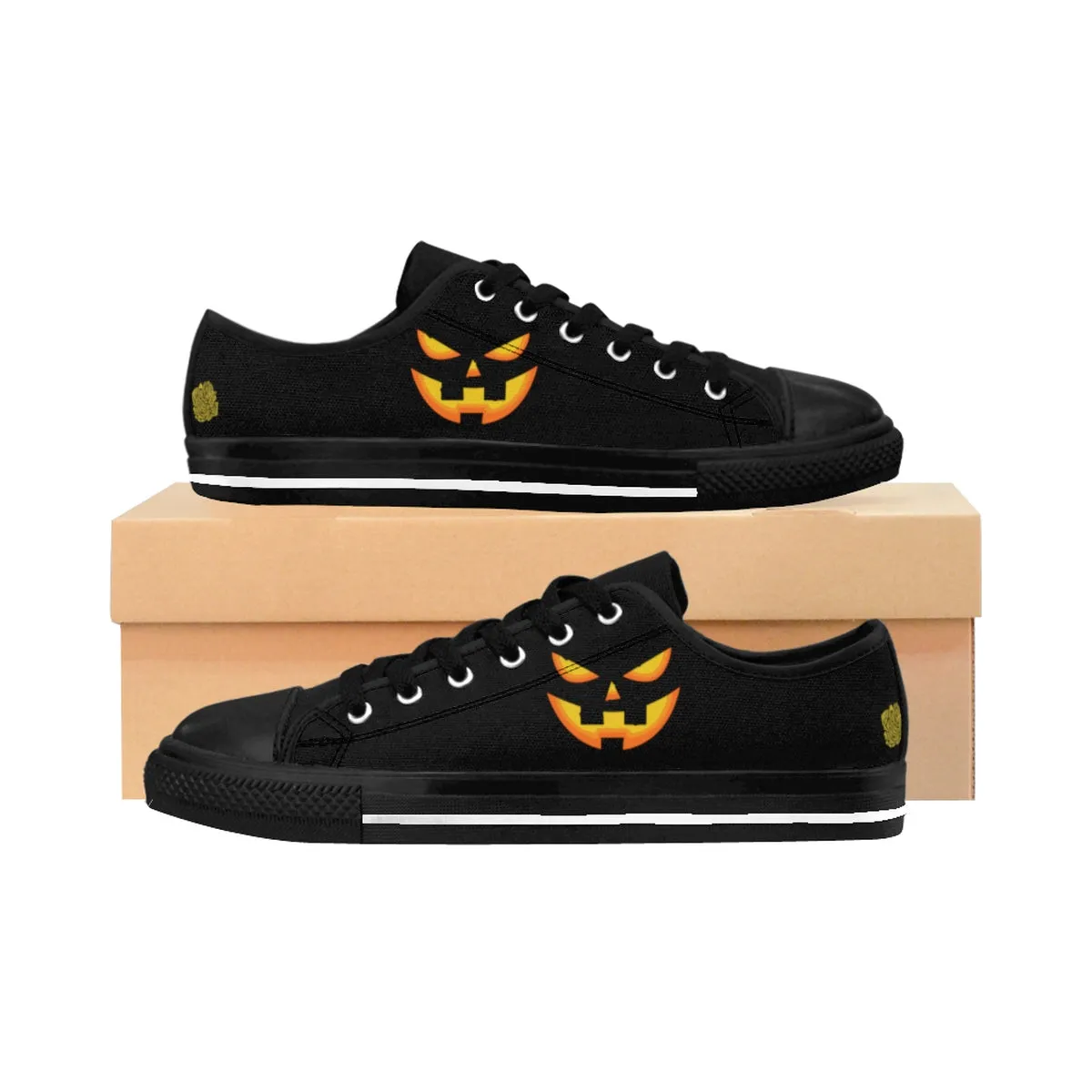 Men's Halloween Sneakers, Black Orange Pumpkin Face Low Top Party Shoes (US Size: 6-14)