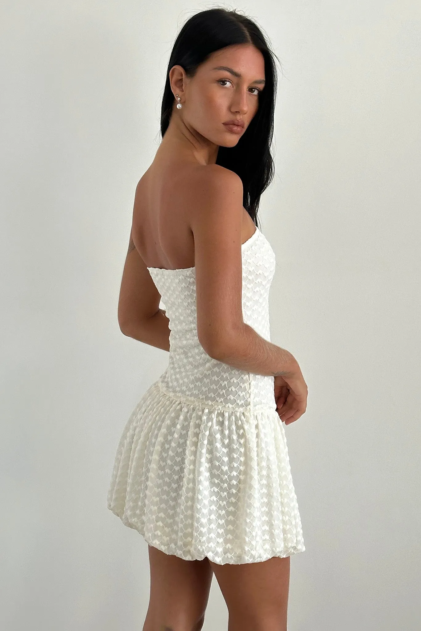 Mistee Bandeau Bubble Hem Mini Dress Lace Ivory