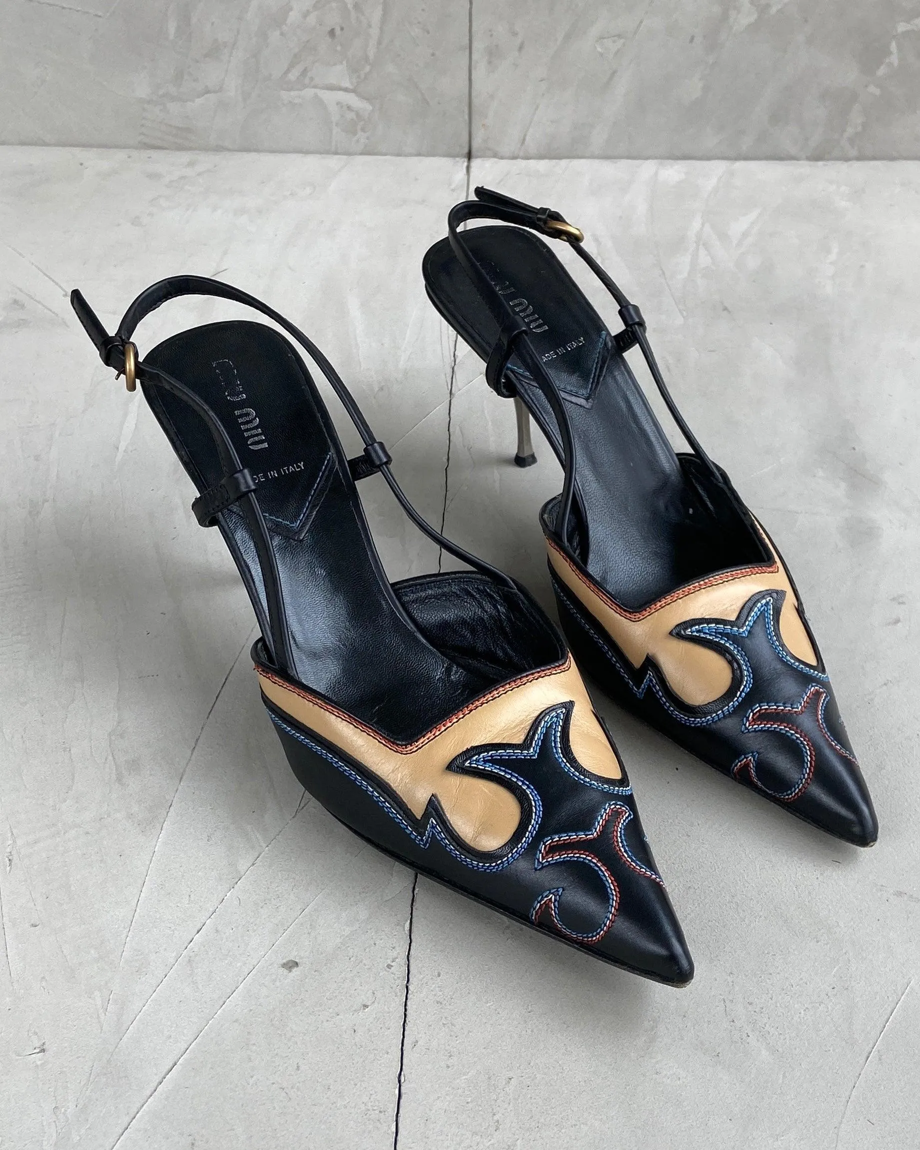 MIU MIU 2000'S WESTERN SLING BACK KITTEN HEELS - EU 39 / UK 6