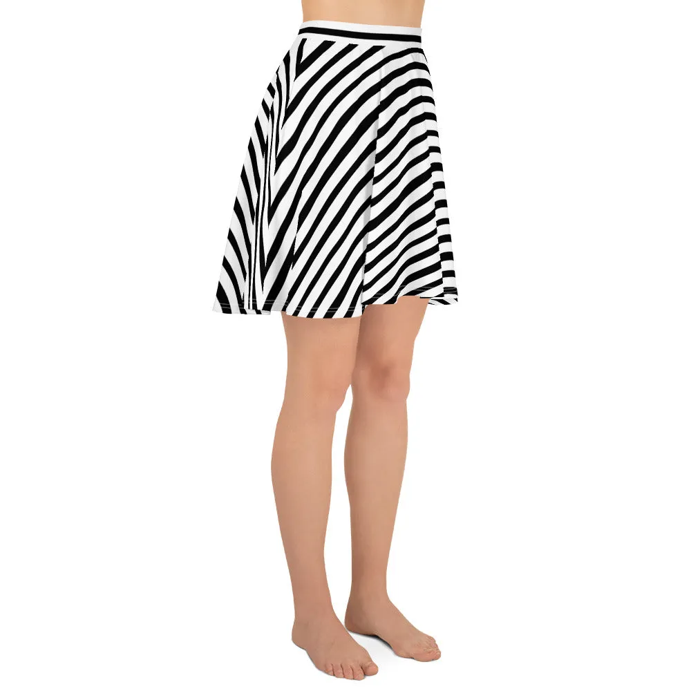 Modern Striped Skater Skirt, Black White Rainbow Stripe Women's Designer Skater Skirt- Made in USA/EU