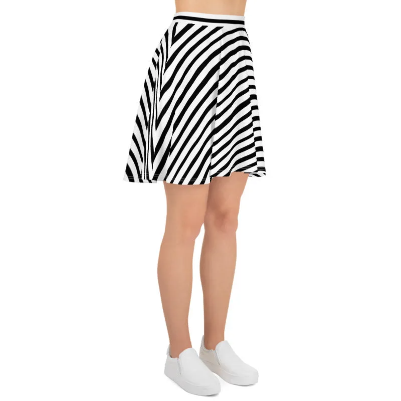 Modern Striped Skater Skirt, Black White Rainbow Stripe Women's Designer Skater Skirt- Made in USA/EU