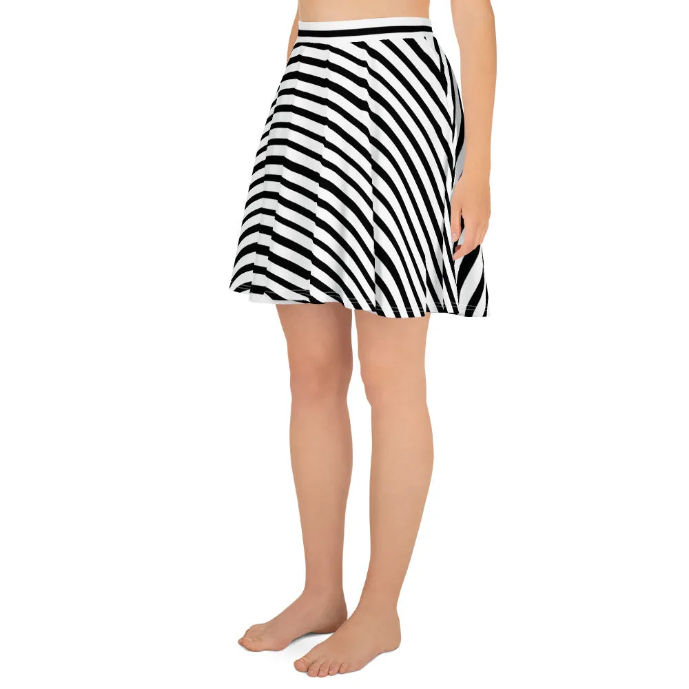 Modern Striped Skater Skirt, Black White Rainbow Stripe Women's Designer Skater Skirt- Made in USA/EU