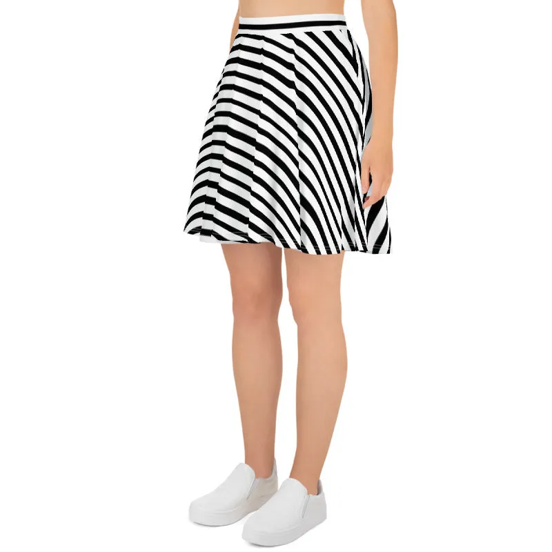 Modern Striped Skater Skirt, Black White Rainbow Stripe Women's Designer Skater Skirt- Made in USA/EU