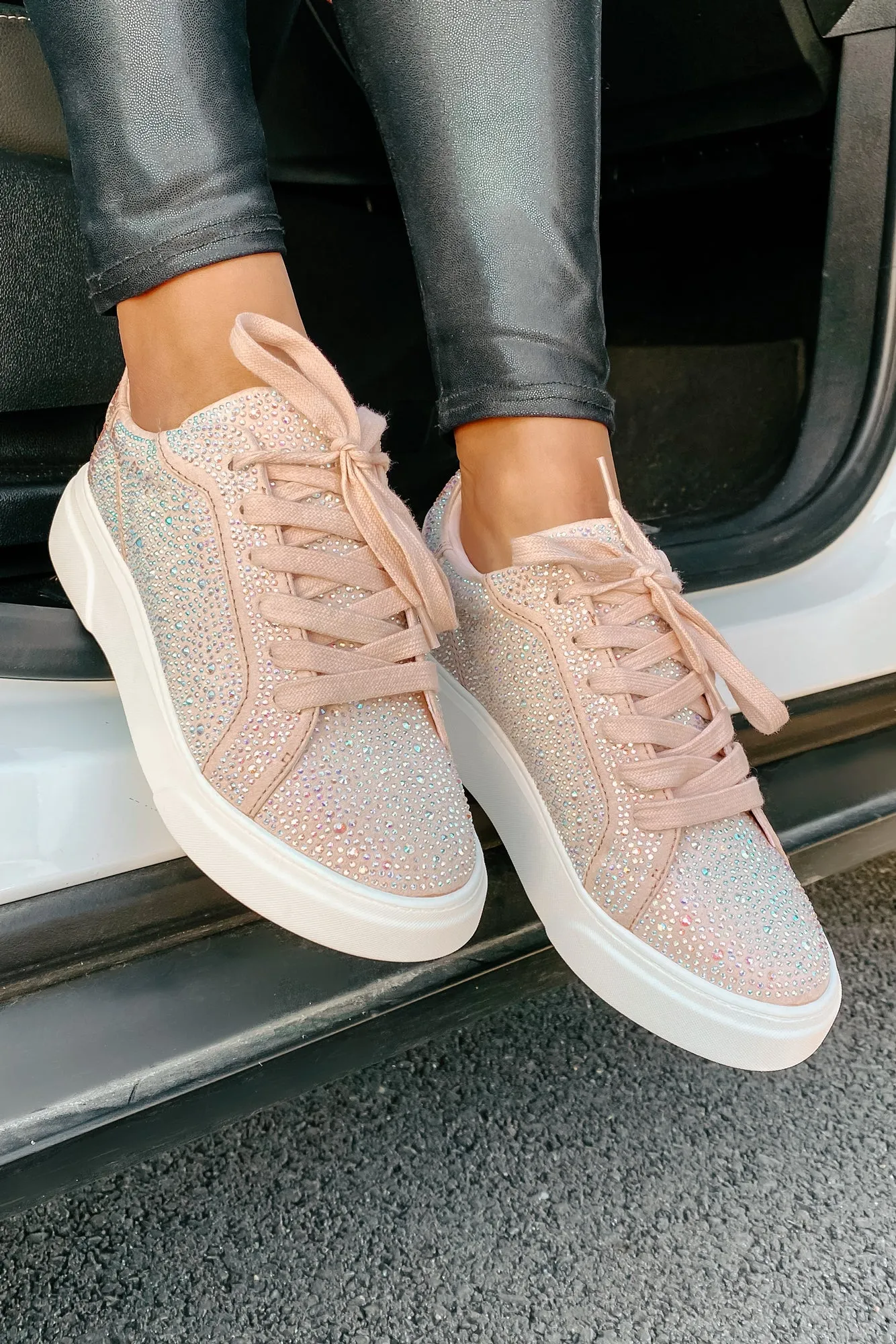 Moment In The Spotlight Madden Girl Lace-Up Rhinestone Sneakers (Blush)